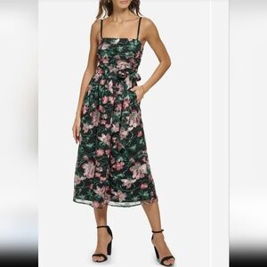 Kensie Black and Pink Floral Midi Dress